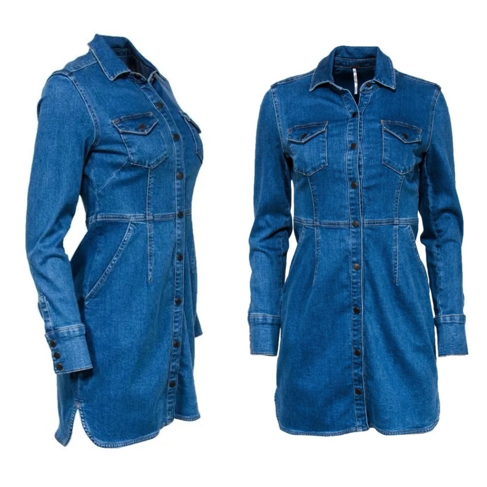 Free People Medium Wash Denim Button up Snap Buttons Shirt Dress Sz M